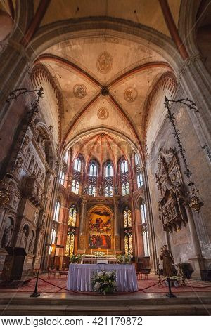 Venice, Italy - June 15, 2016 Basilica Of Santa Maria Gloriosa Dei Frari, Indoors. View On Main Alta