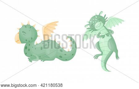 Cute Dragons As Horned And Winged Four-legged Creature From Fairytale Vector Set