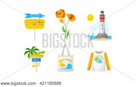 California As Travel Destination With Road Sign And Lighthouse Vector Composition Set