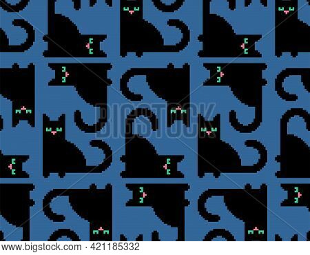 Cat Pixel Art Pattern Seamless. Pet 8 Bit Background. Pixelated Vector Texture