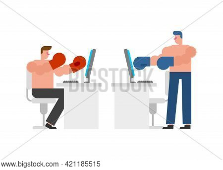 Online Fight. Aggressive Opponent In Internet. Man In Boxing Gloves Hits Screen. Dispute And Feud On