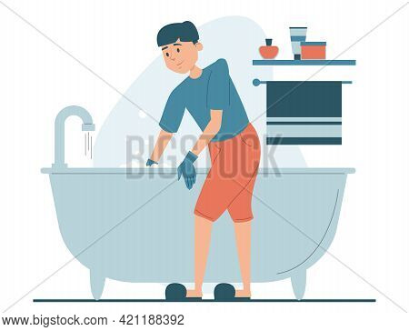 Man Cleaning Bathtub Vector Isolated. Domestic Routine