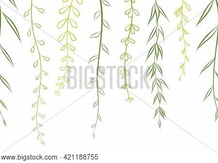 Vector Doodle Green Climbing Plants Texture. Floral Stripes Horizontal Seamless Pattern Background B