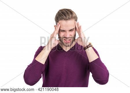 Distressed Guy With Closed Eyes Squeeze Head With Hands Suffering From Headache, Migraine