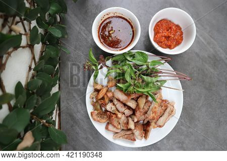 Grilled Pork , Pork Steak And Grilled Chitterlings With Dip