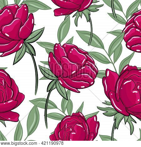 Seamless Pattern With Burgundy Peonies. Vector, Peony. Floral Colorful Background With Large Flowers