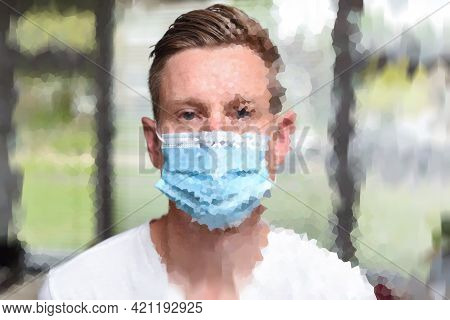 Digital Man In Virus Mask With Burn Out From Working From Home On Computer Screen Too Much