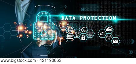 Businessman Standing And Touching Padlock Icon Cyber Security Network Data Base On Virtual Interface