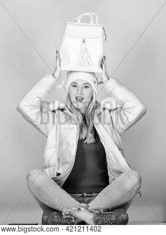Fashion Accessory. Girl Adorable Model Showing Her Fancy Leather Backpack. Backpack Is All You Need.