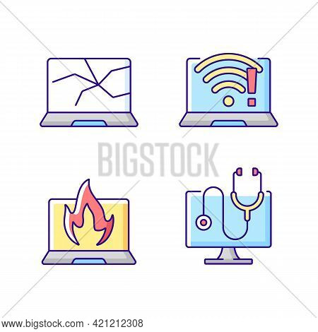 Computer Issues Rgb Color Icons Set. Crashed Monitor, Broken Display. No Wifi Connection. Burning No