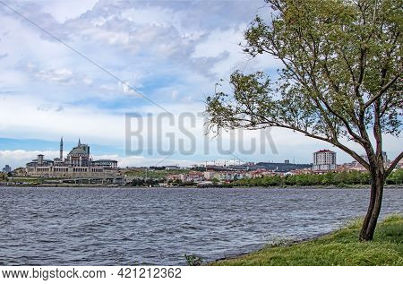 Kanarya,istanbul,turkey-may 20,2021.town And Nature View From Kucukcekmece Lake Shore Suburban Town 
