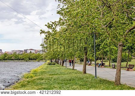 Kanarya,istanbul,turkey-may 20,2021.town And Nature View From Kucukcekmece Lake Shore Suburban Town 