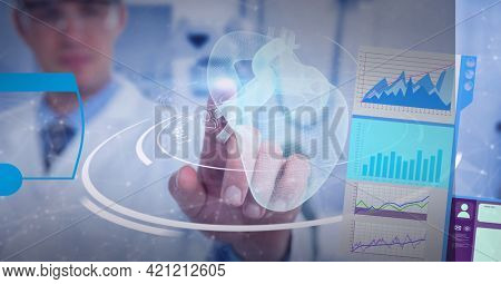 Medical data processing against male doctor wearing protective glasses touching invisible screen. medical research and technology concept