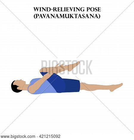 Wind-relieving Pose Yoga Workout. Pavanamuktasana. Man Doing Yoga Illustration On The White Backgrou