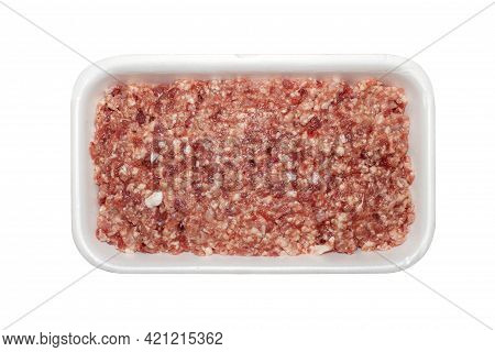 Minced Meat In A Plastic Container Top View.minced Meat, Isolated On A White Background.a Piece Of M