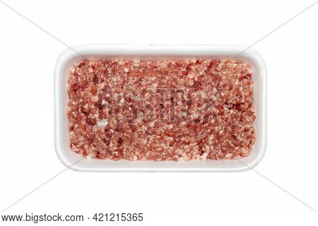 Minced Meat In A Plastic Container Top View.minced Meat, Isolated On A White Background.a Piece Of M