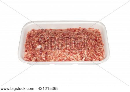 Minced Meat In A Plastic Container Top View.minced Meat, Isolated On A White Background.a Piece Of M
