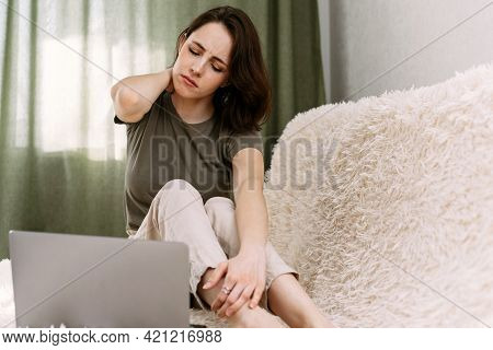 A Business Woman Suffering From Pain In Neck, Stretching Up. Tired Woman Massaging Rubbing Stiff Sor