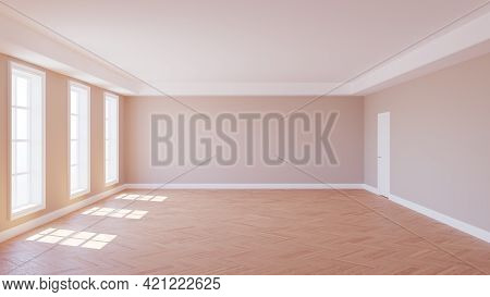 Empty Sunlit Interior With Parquet Floor, Three Large White Windows, Beige Walls And White Door, 3d 