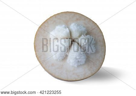Half Cut Ripe Santol Or Sentul Fruit (sandoricum Koetjape) Isolated On White Background.