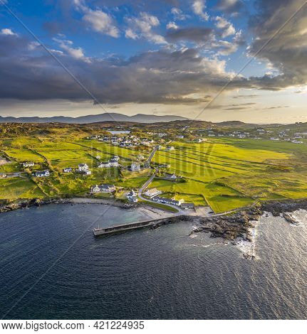 Aerial View Of Portnoo Harbour And Inishkeel Island In County Donegal, Ireland