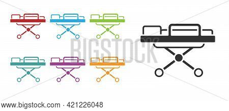 Black Stretcher Icon Isolated On White Background. Patient Hospital Medical Stretcher. Set Icons Col