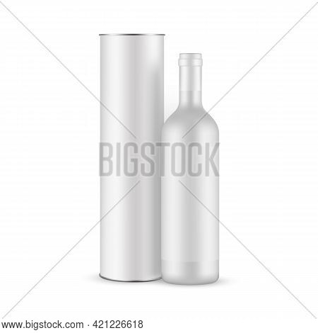 Blank Ceramic Wine Bottle With Label And Cardboard Tube Mockup Isolated On White Background. Vector 