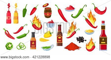 Cartoon Hot Sauce. Chili Ketchup Bottles And Jars, Wasabi And Mustard. Souce Splashes, Dip And Cayen