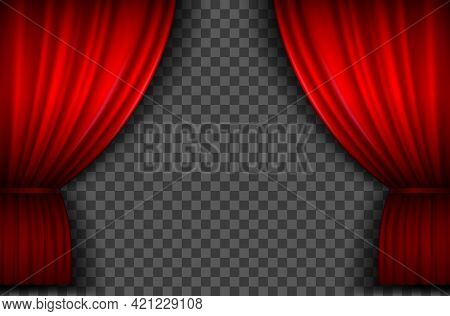 Red Curtains. Realistic Open Velvet Stage Curtain For Theatre Show, Circus Or Cinema. Portiere Drape