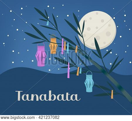 Tanabata Japanese Traditional Festival Background Banner. Bamboo Decorated With Paper Lanterns. Vect