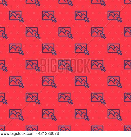 Blue Line Photo Retouching Icon Isolated Seamless Pattern On Red Background. Photographer, Photograp