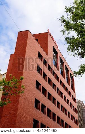 Madrid, Spain - May 1, 2021: Bankinter Bank Headquarters In The Castellana. Low Angle View Against S