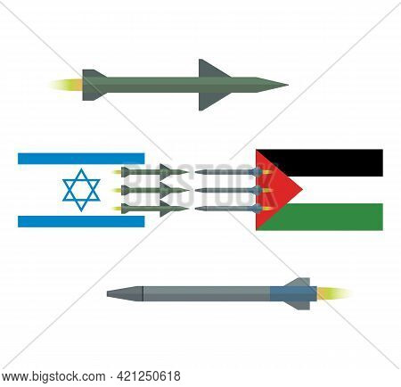 Palestine And Israel Military Conflict. The Flag Of Palestine And The Flag Of Israel. Rockets Are Fl