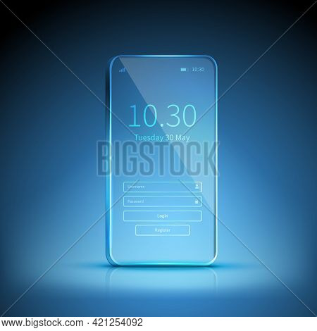 Blue Transparent Smartphone Image Swiched On And Waiting For Registration On Blue Background Vector 