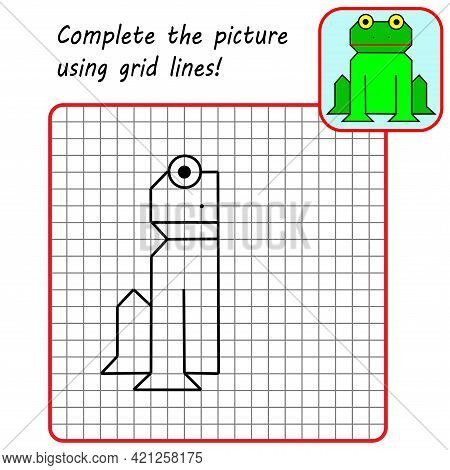 Educational Game For Kids. Simple Exercise Frog. Drawing Using Grid. Symmetrical Drawing. Vector Ill