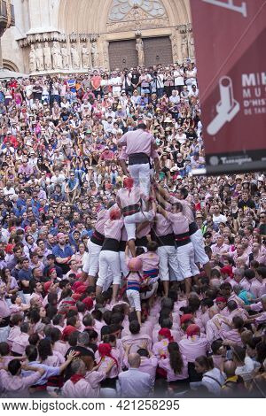 Tarragona, Spain, September 19, 2019 - Crowd Of Spectators And Tourists Watch Erection Of Castells H