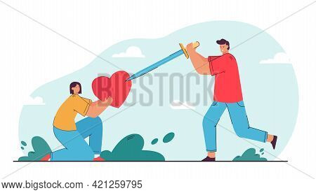 Young Man Broking Heart That Girl Holding. Flat Vector Illustration. Cartoon Guy Striking Woman Hear