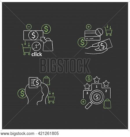 Mindful Spendings Chalk Icons Set. Rating, Accountability Partner, One Click Buying, Cash Using. Buy