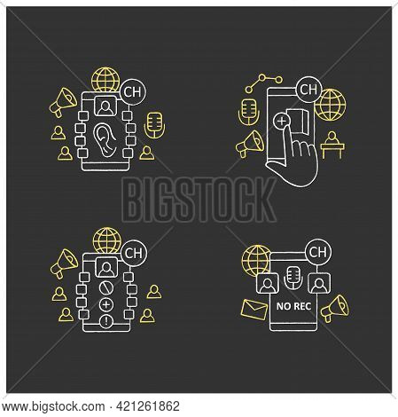 Drop In Audio App Chalk Icons Set. Communication Application With Friends. Listeners, Creating Room,