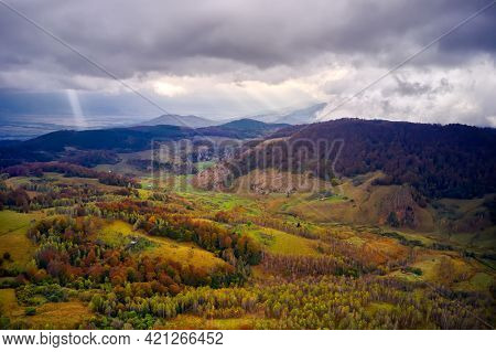aerial view of Carpathian mountains countryside in autumn morning, Romania