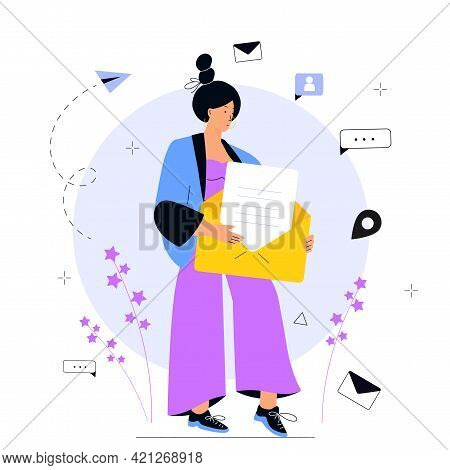 Girl Holds Huge Open Envelope With Letter Inside. E-mail Marketing Concept. Advertising Media, Targe