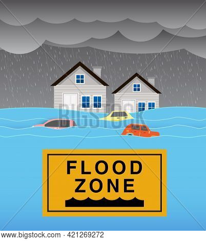 Flood Natural Disaster With House, Heavy Rain And Storm , Damage With Home, Flooding Water In City