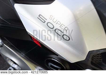 Bordeaux , Aquitaine France - 05 18 2021 : Super Soco Tc Max Model Electric Motorbike Logo Brand And