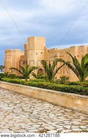 The Huge, Majestic Walls And Towers Of Ribat Fortress On A Rainy Day. Ribat Is An Architectural Jewe