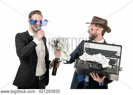 Showman Announce Happy Jackpot Winner Holding Money Suitcase Isolated On White, Win