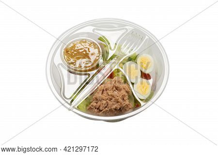 Fresh Tuna Salad With Lettuce, Cucombers, Cherries And Eggs In Plastic Container.  Top View.