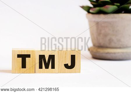 On A Light Background, Wooden Cubes With The Inscription Tmj And A Flower In A Pot. Defocus