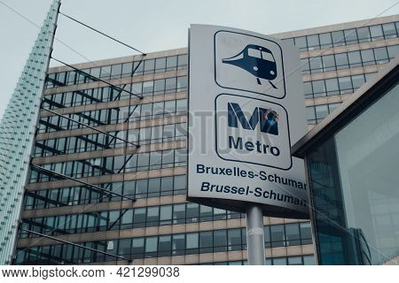 Brussels, Belgium - August 17, 2019: Low Angle View Of The Sign At The Entrance Of Schuman Metro Sta