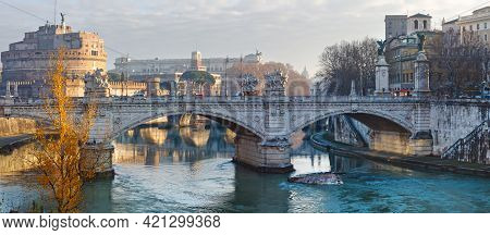 Rome City Morning Panorama, Italy. On The Left - Mausoleum Of Hadrian (or Castle Of The Holy Angel).