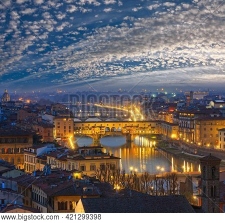 Night Florence City Top View (italy, Tuscany) On Arno River.